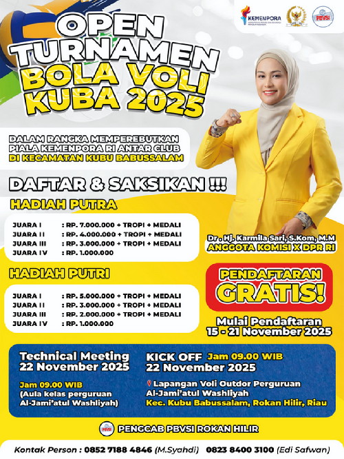 Anggota DPRD RI Karmila Sari akan Hadiri Kick Off Open Turnamen Bola Voli di Kuba 2025, Rohil