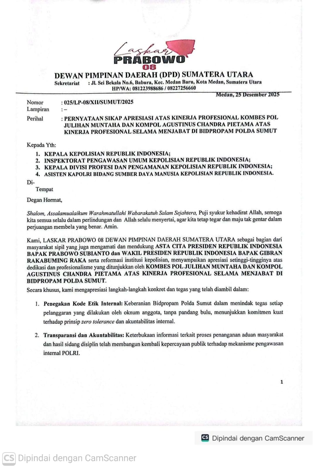 Kombes Pol. Julihan Muntaha, mendapat Apresiasi Dari Laskar Prabowo 08 DPD Sumut Atas Kinerjanya Selama Menjabat Kabidpropam Polda Sumut